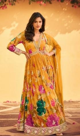 Yellow Embroidered Chinon Salwar Kameez With Dupatta