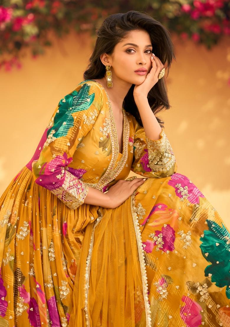 Yellow Embroidered Chinon Salwar Kameez With Dupatta
