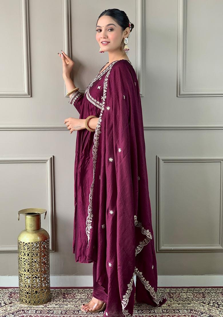 Maroon Embroidered Chinon Salwar Kameez With Dupatta