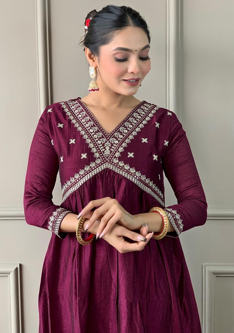 Maroon Embroidered Chinon Salwar Kameez With Dupatta