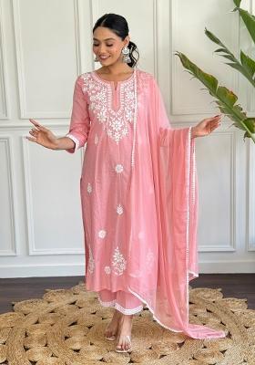 Peach Embroidered Cotton Salwar Kameez With Dupatta