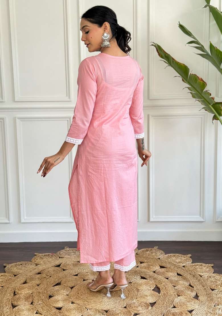 Peach Chikankari Cotton Straight Kurta Set - Indya