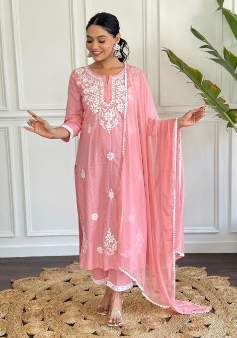 Peach Embroidered Cotton Salwar Kameez With Dupatta