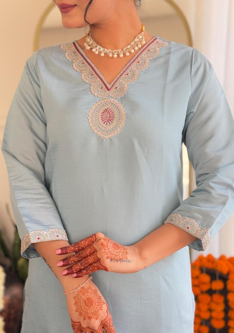 Sky Blue Embroidered Organza Salwar Kameez With Dupatta