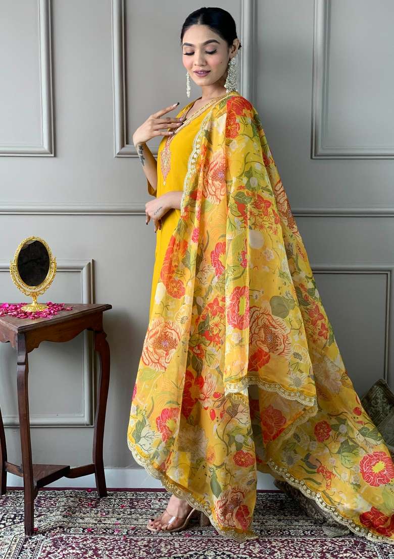 Mustard Yellow Solid Organza Anarkali Set - Indya