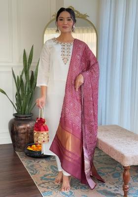 White Embroidered Silk Salwar Kameez With Dupatta