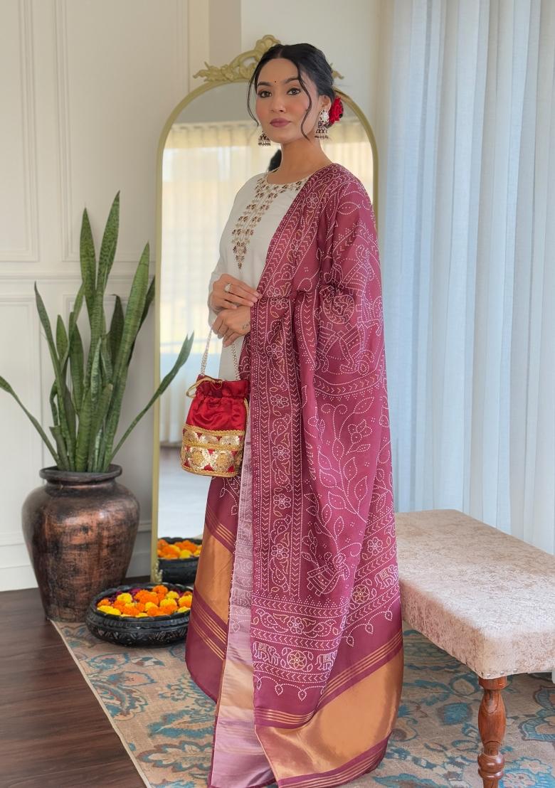 White Embroidered Silk Salwar Kameez With Dupatta