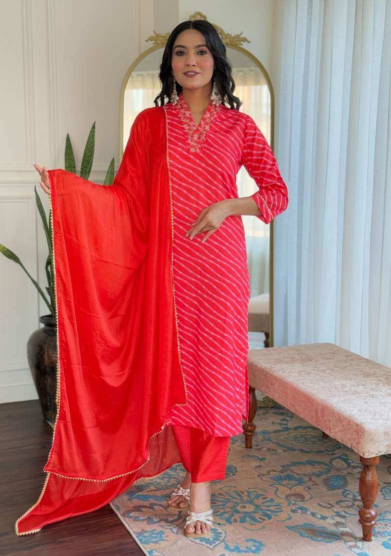 Orange Embroidered Chinon Salwar Kameez With Dupatta - Indya