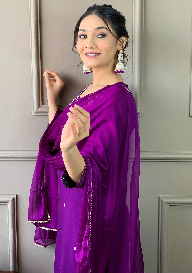 Violet Embroidered Chinon Salwar Kameez With Dupatta