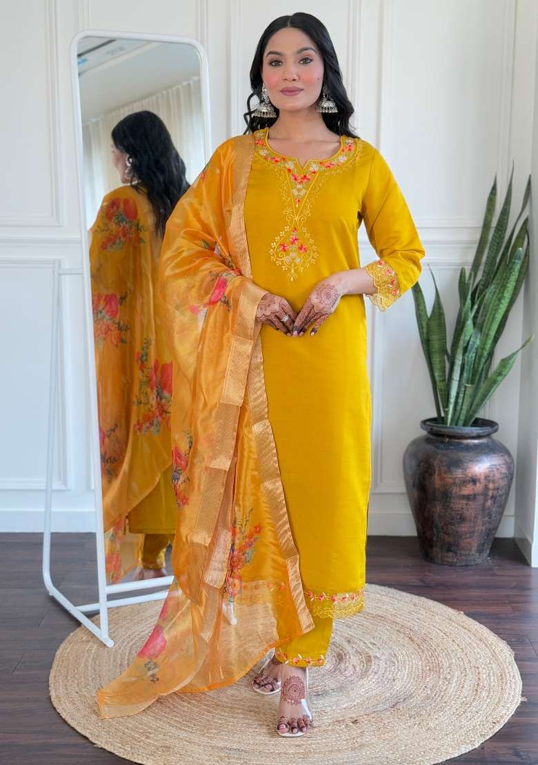 Yellow Embroidered Organza Straight Kurta Set - Indya