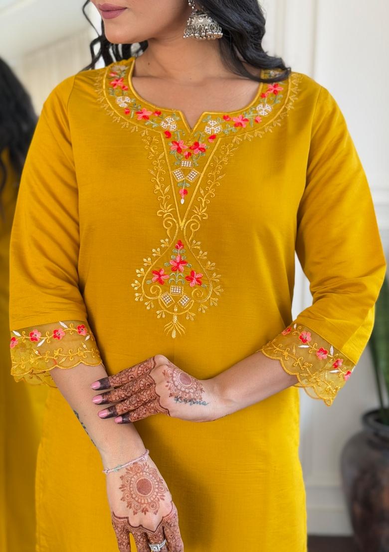 Yellow Embroidered Organza Salwar Kameez With Dupatta