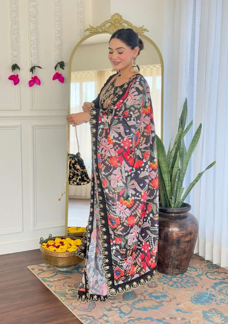 Black Embroidered Chanderi Salwar Kameez With Dupatta - Indya