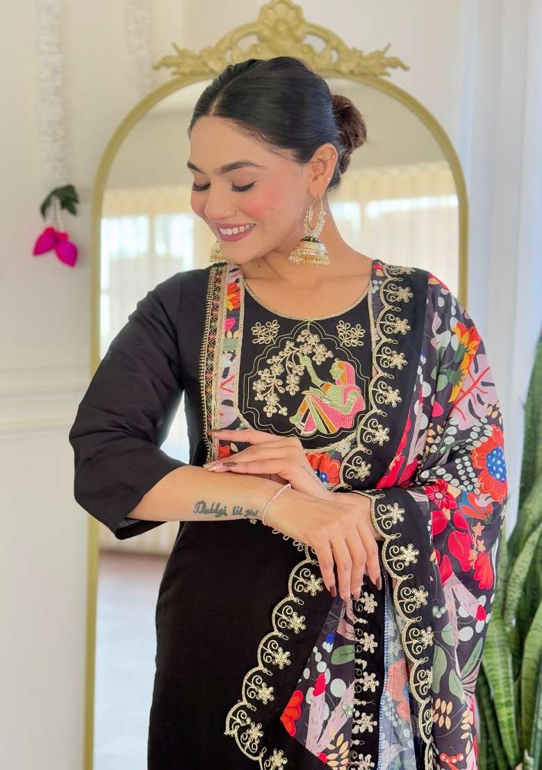Black Embroidered Chanderi Salwar Kameez With Dupatta - Indya