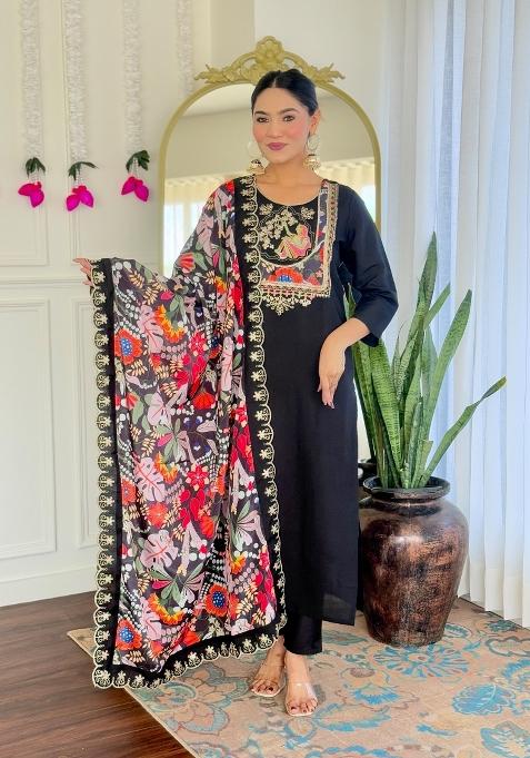 Black Embroidered Chanderi Salwar Kameez With Dupatta