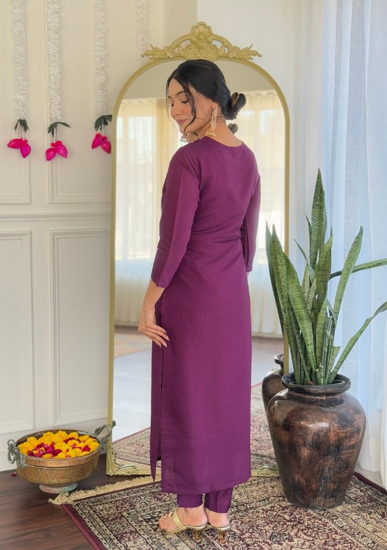 Purple Embroidered Chanderi Salwar Kameez With Dupatta