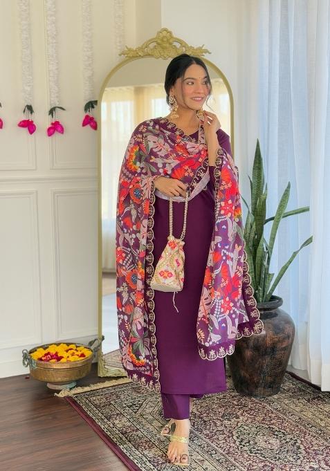 Purple Embroidered Chanderi Salwar Kameez With Dupatta