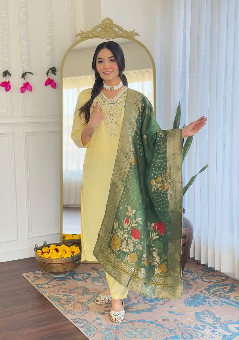 Yellow Embroidered Chanderi Straight Kurta Set - Indya