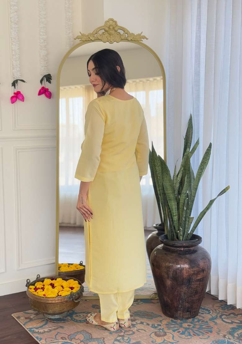 Yellow Embroidered Chanderi Straight Kurta Set - Indya