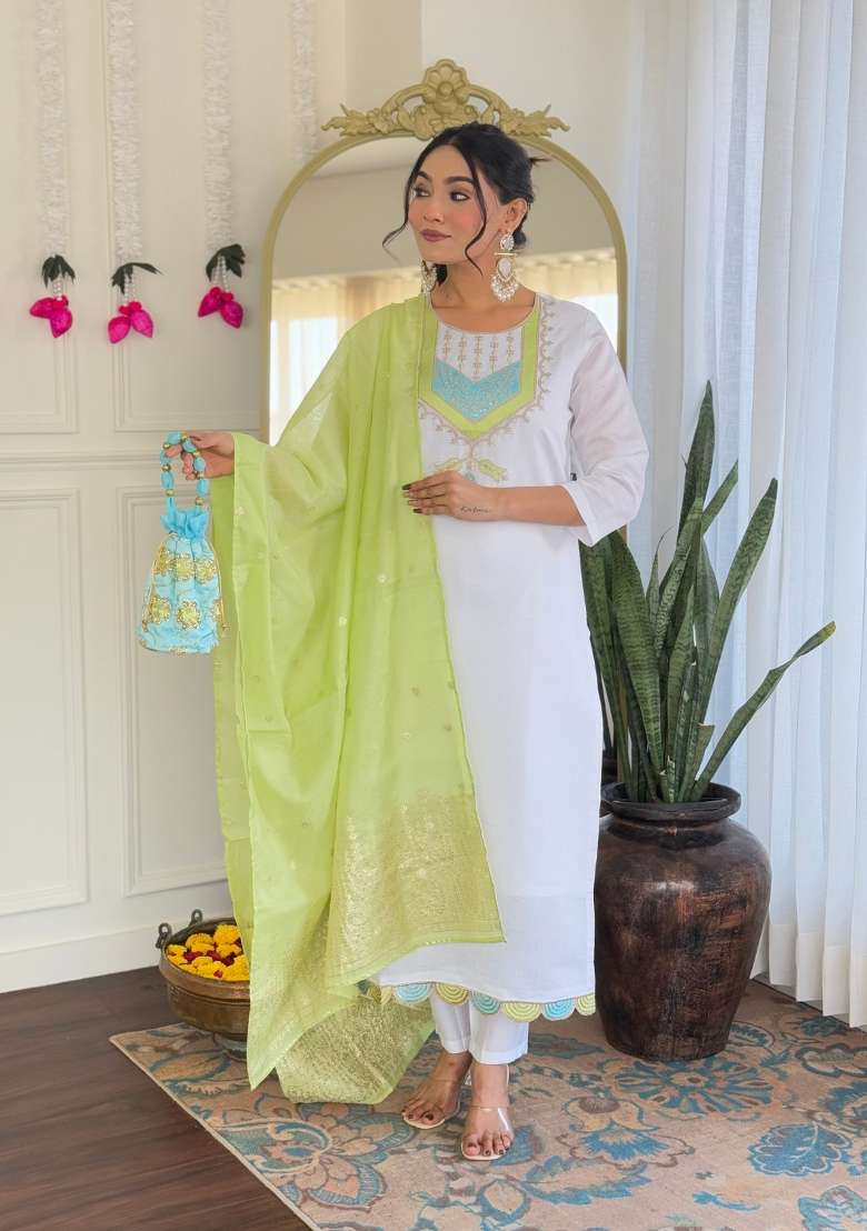 White Embroidered Chanderi Straight Kurta Set - Indya