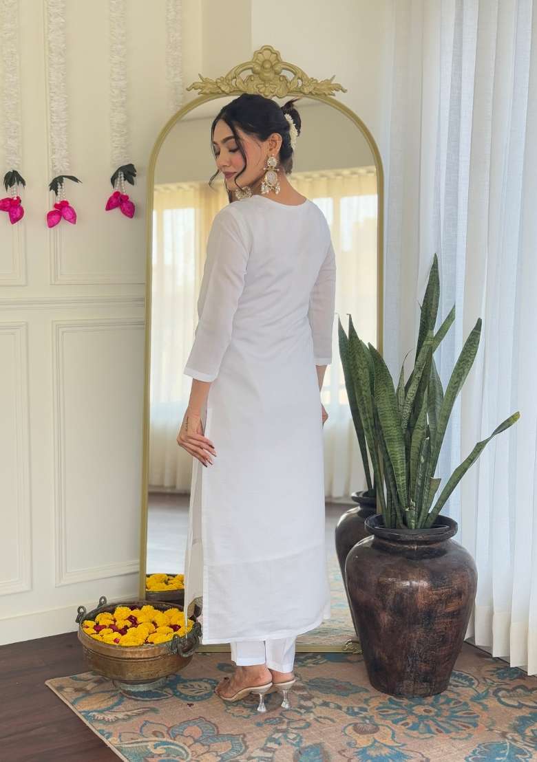 White Embroidered Chanderi Straight Kurta Set - Indya