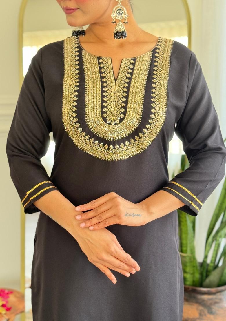 Black Embroidered Cotton Salwar Kameez With Dupatta