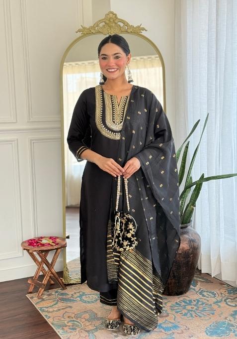 Black Embroidered Cotton Salwar Kameez With Dupatta
