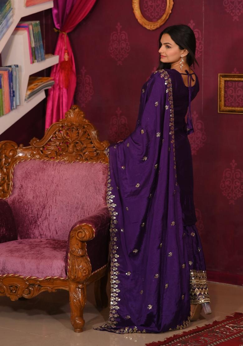 Purple Embroidered Chinon Salwar Kameez With Dupatta