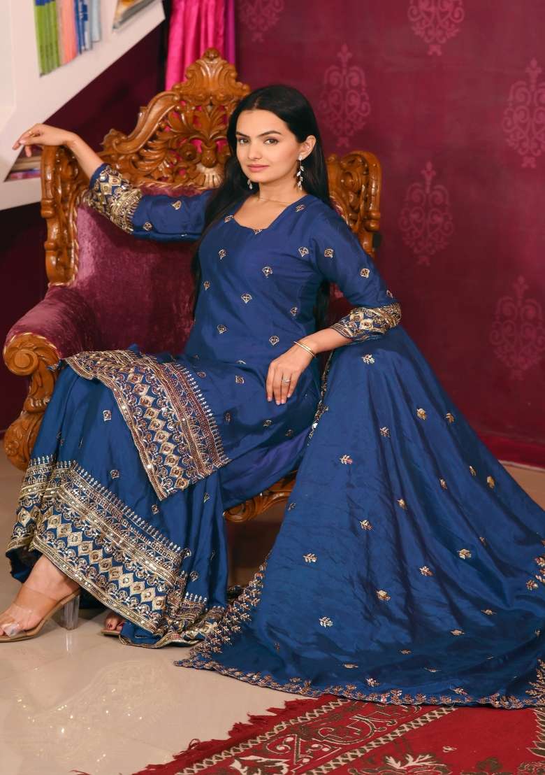 Petrol Blue Embroidered Chinon Anarkali Set - Indya