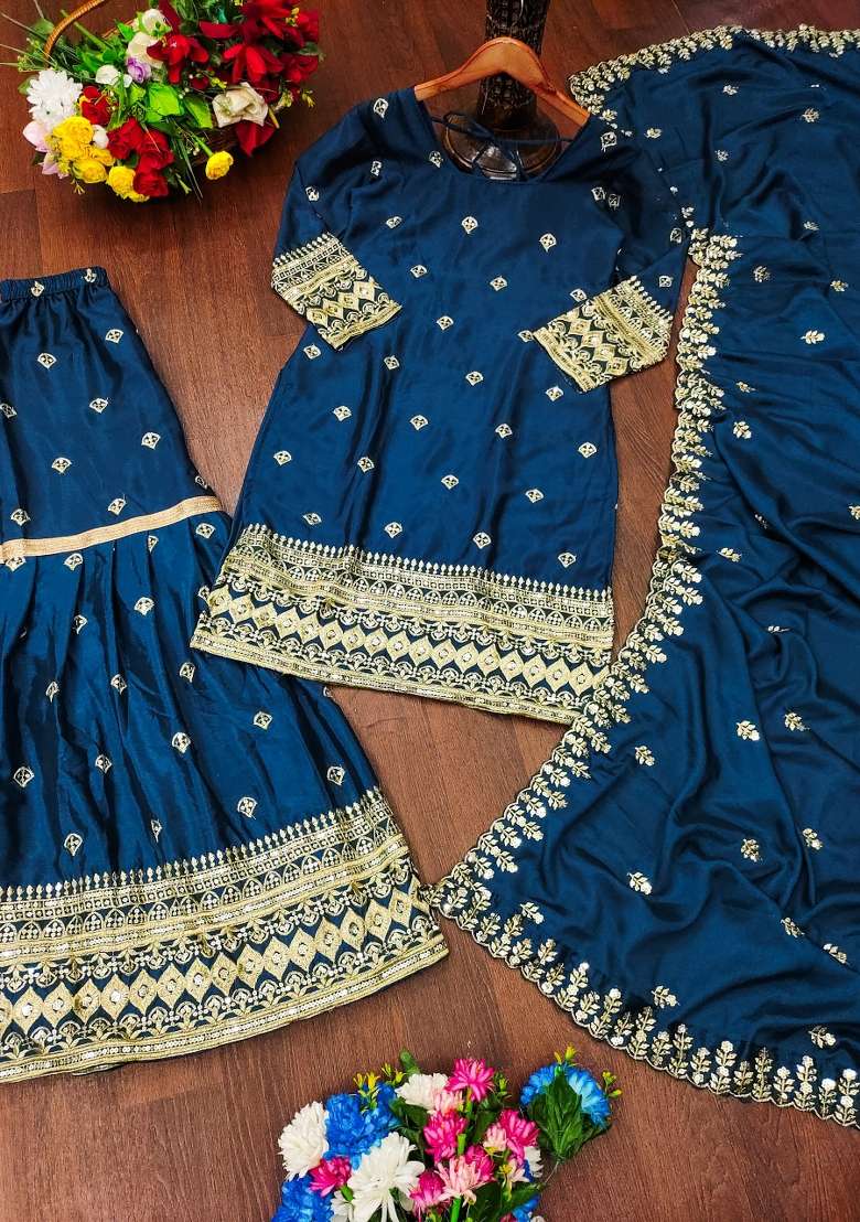 Petrol Blue Embroidered Chinon Anarkali Set - Indya