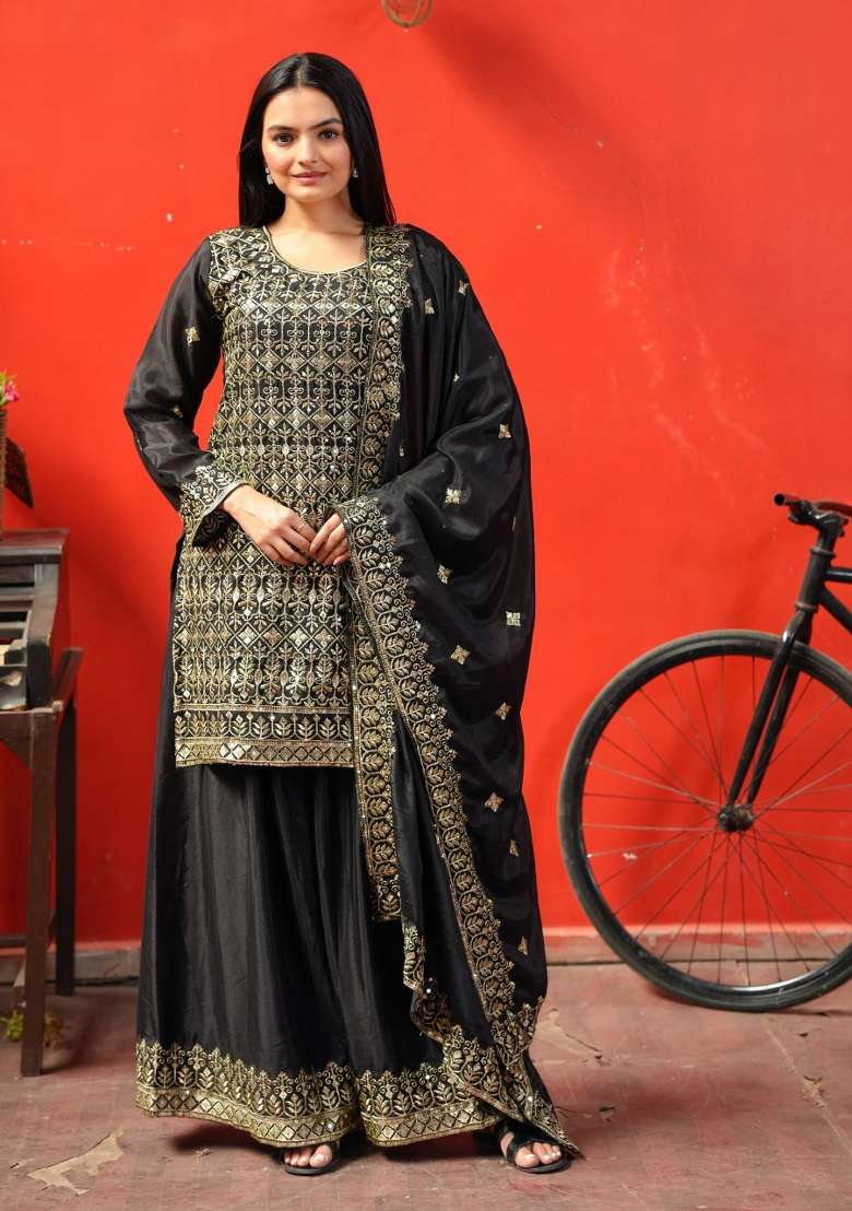 Black Embroidered Chinon Sharara Set - Indya