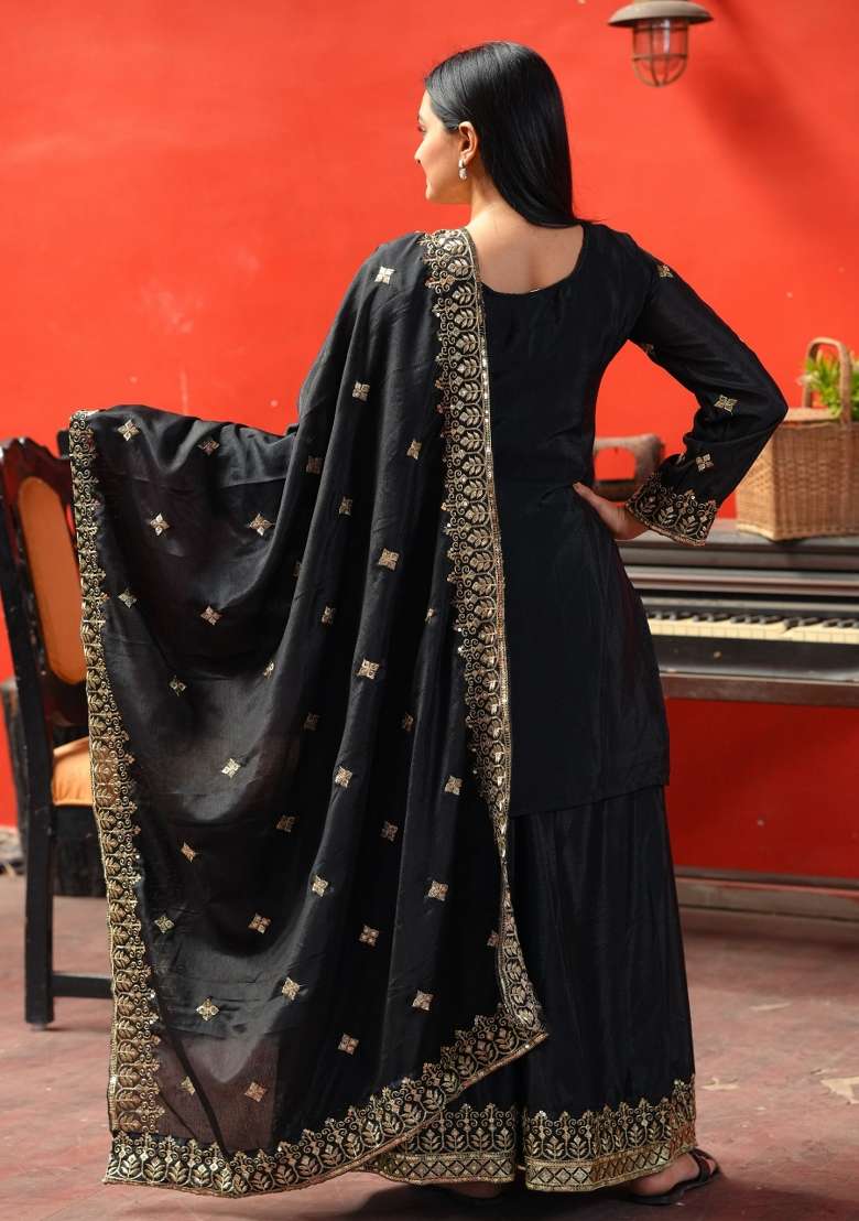 Black Embroidered Chinon Sharara Set - Indya