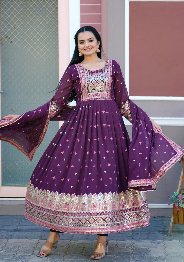 Purple Embroidered Georgette Salwar Kameez With Dupatta
