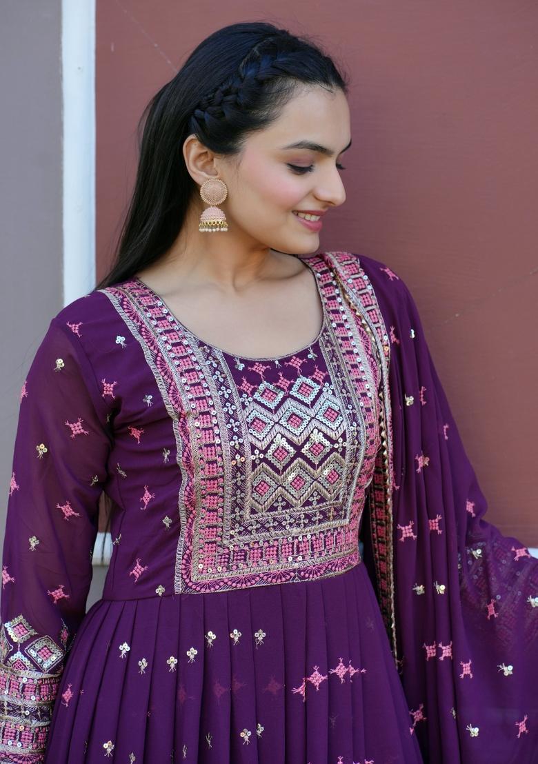 Purple Embroidered Georgette Salwar Kameez With Dupatta
