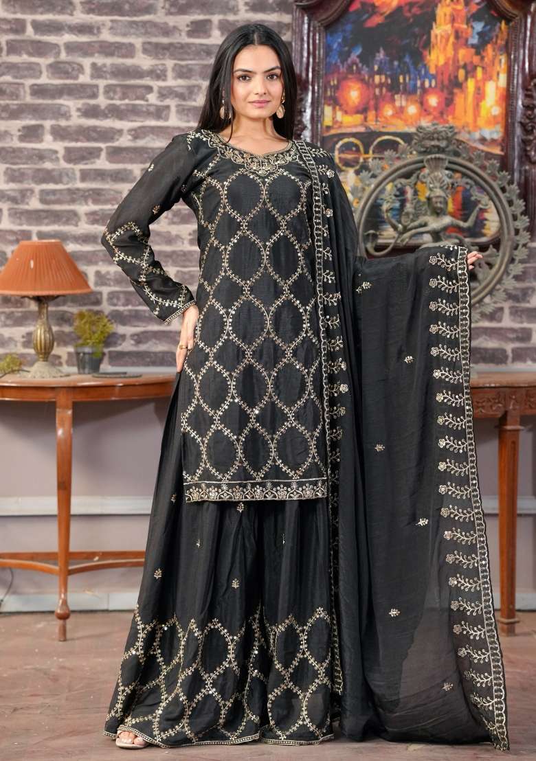 Black Embroidered Chinon Sharara Set - Indya