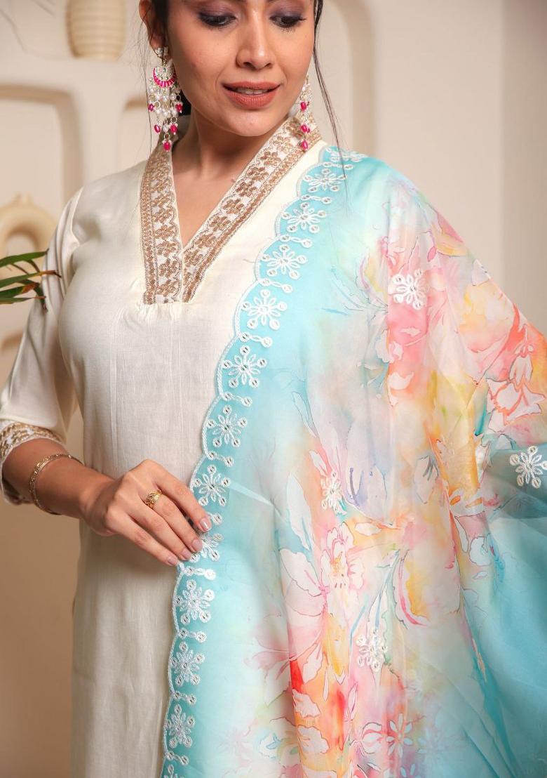 White Embroidered Organza Salwar Kameez With Dupatta