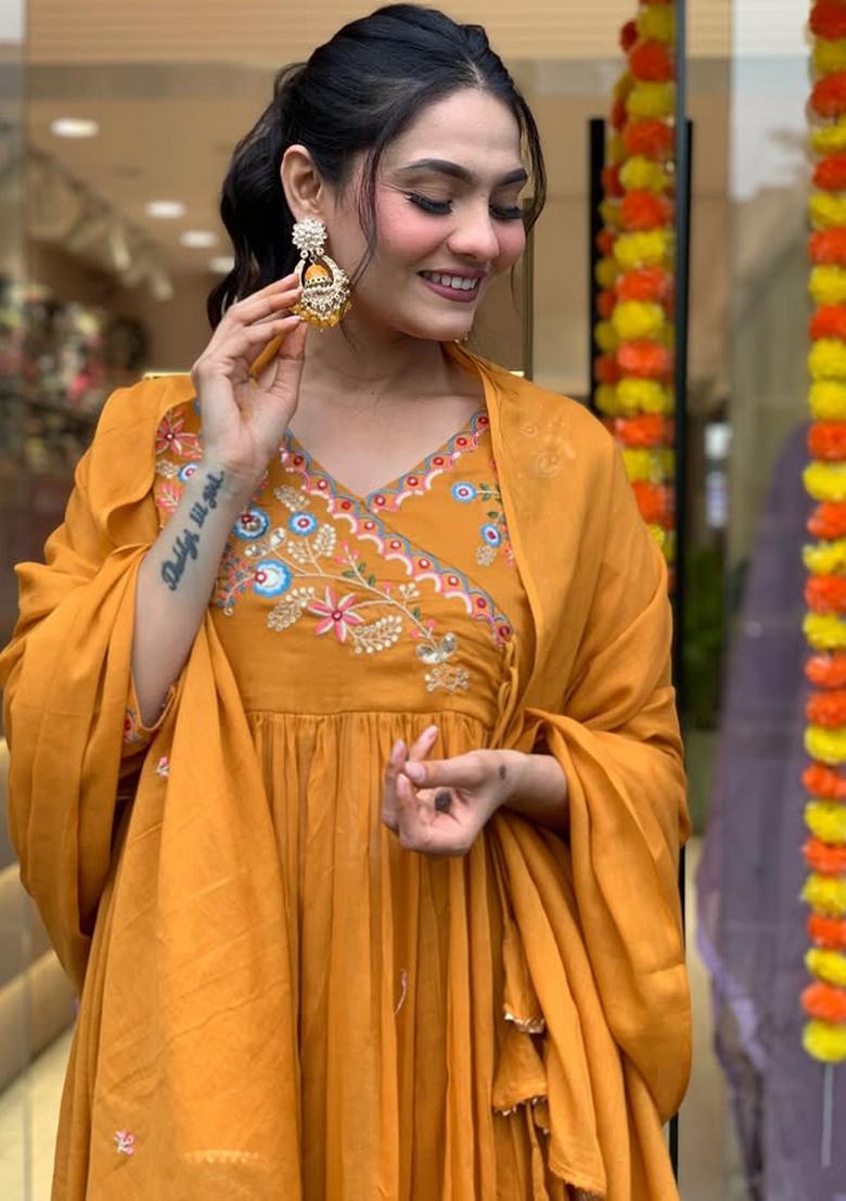 Orange Embroidered Chanderi Salwar Kameez With Dupatta