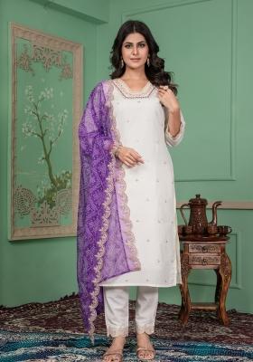 White Embroidered Silk Salwar Kameez With Dupatta