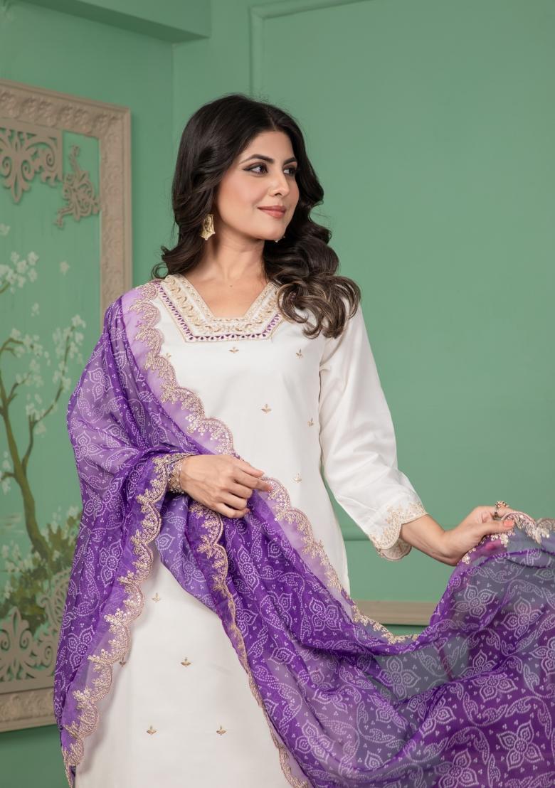 White Embroidered Silk Salwar Kameez With Dupatta
