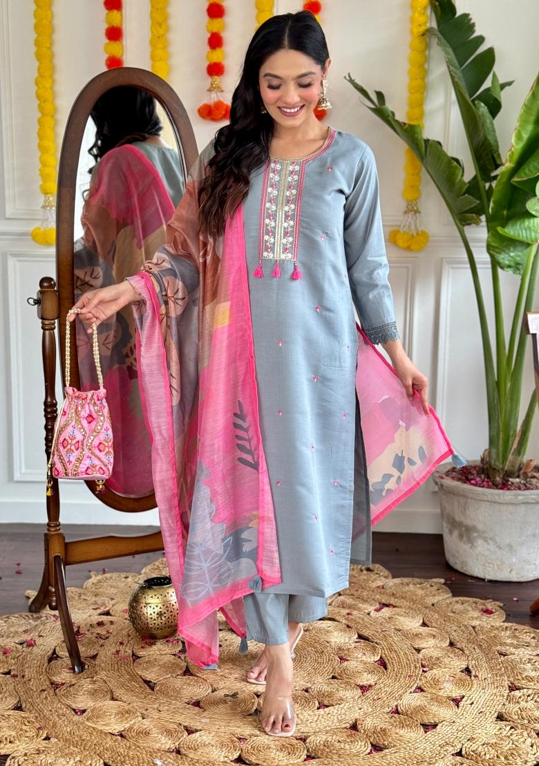 Grey Embroidered Chanderi Salwar Kameez With Dupatta