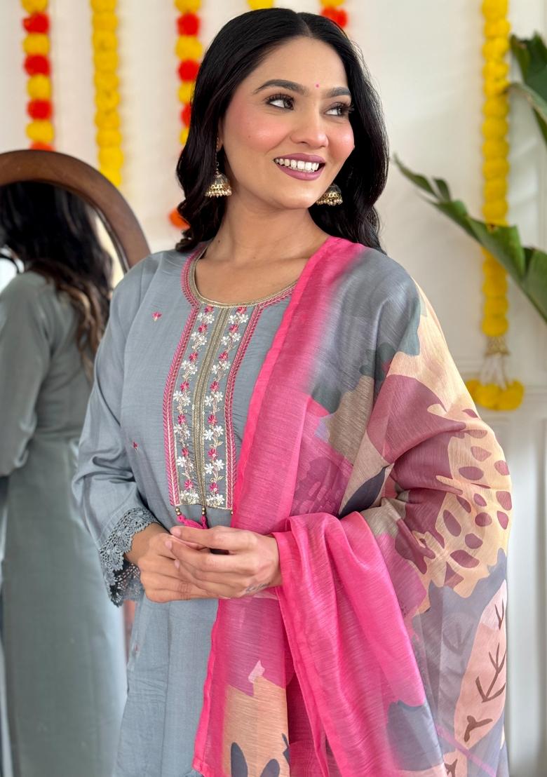 Grey Embroidered Chanderi Salwar Kameez With Dupatta
