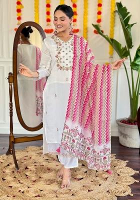 White Embroidered Chanderi Salwar Kameez With Dupatta