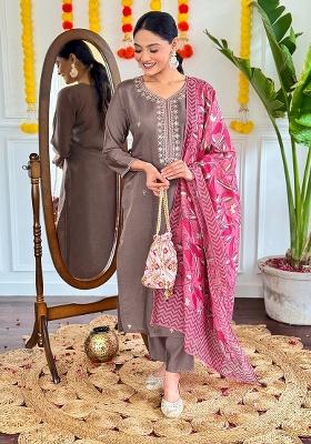 Brown Embroidered Chanderi Salwar Kameez With Dupatta