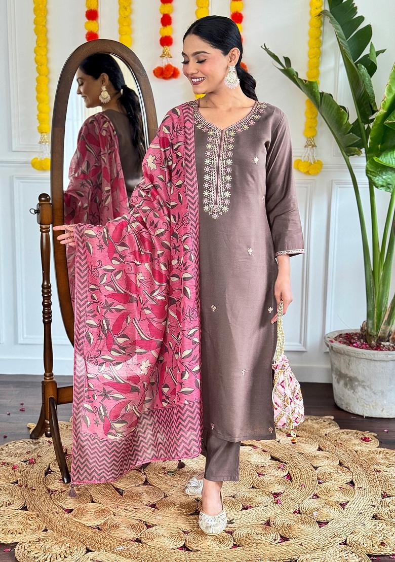 Brown Embroidered Chanderi Salwar Kameez With Dupatta