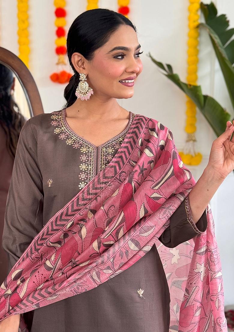 Brown Embroidered Chanderi Salwar Kameez With Dupatta