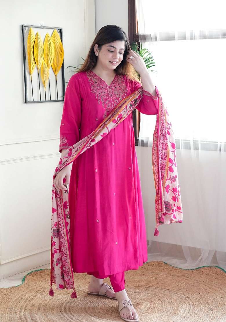 Pink Embroidered Chanderi Salwar Kameez With Dupatta - Indya
