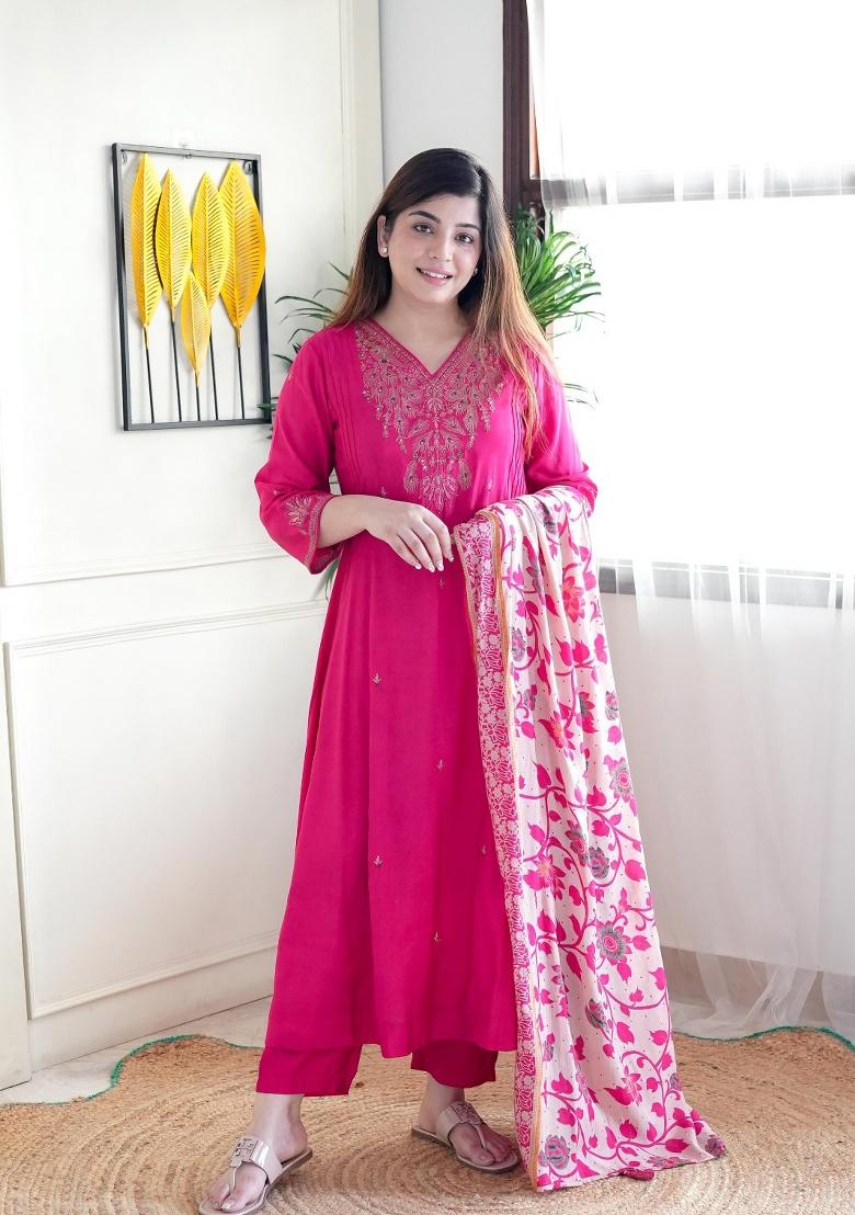 Pink Embroidered Chanderi Salwar Kameez With Dupatta