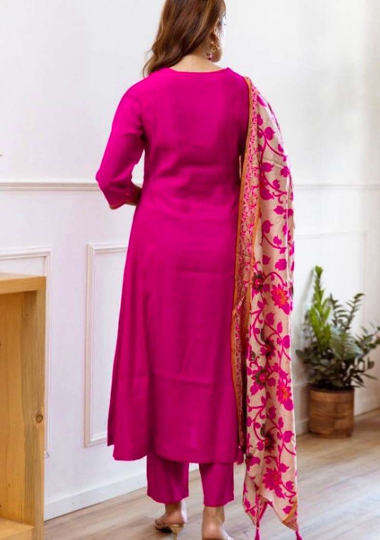 Pink Embroidered Chanderi Salwar Kameez With Dupatta - Indya