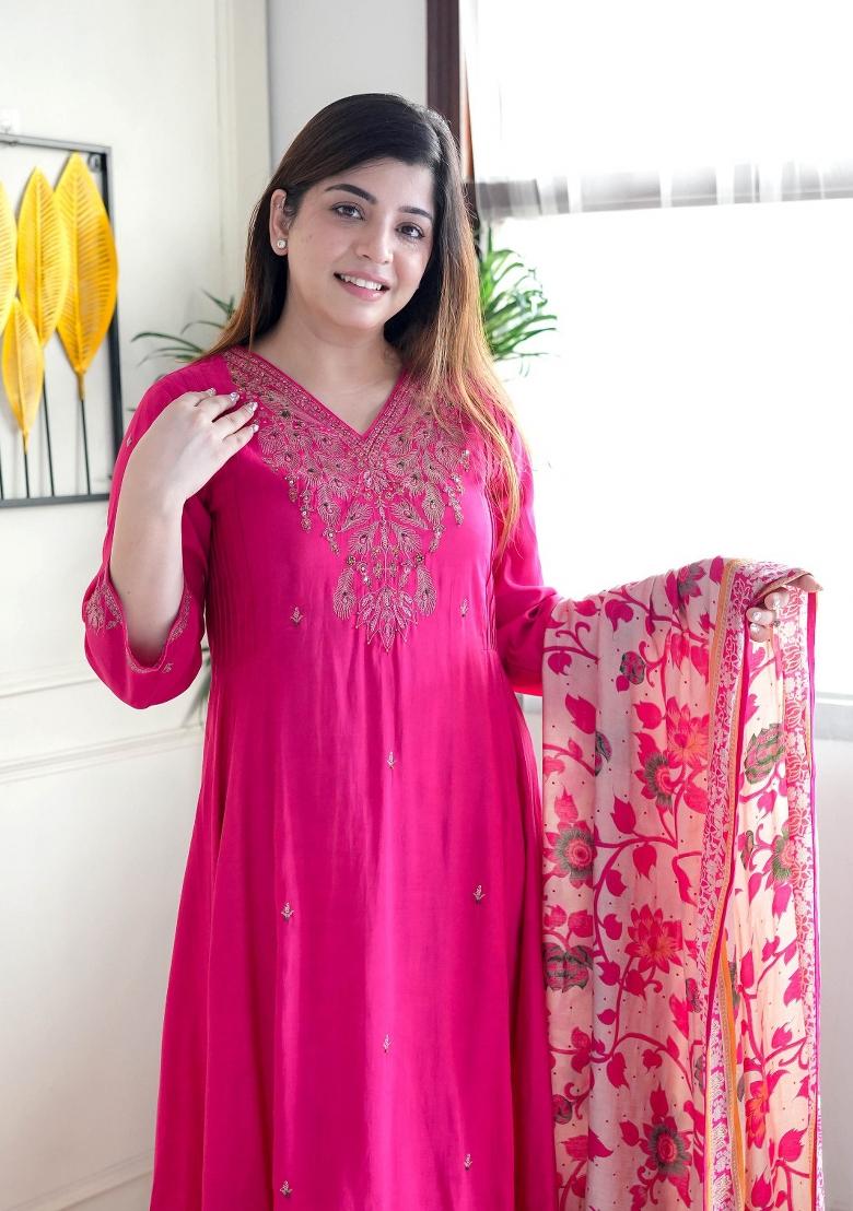 Pink Embroidered Chanderi Salwar Kameez With Dupatta