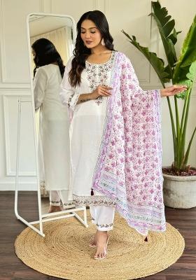 White Embroidered Chanderi Salwar Kameez With Dupatta