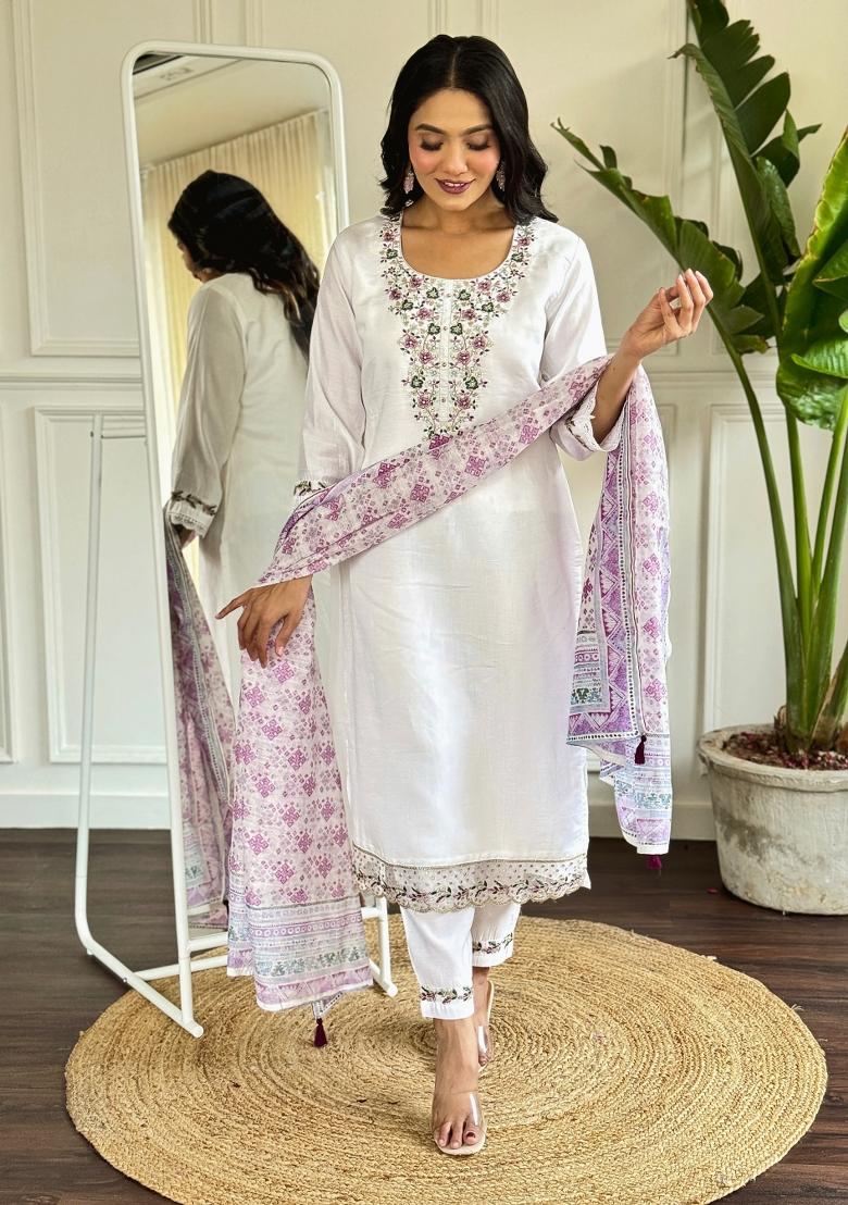 White Embroidered Chanderi Salwar Kameez With Dupatta